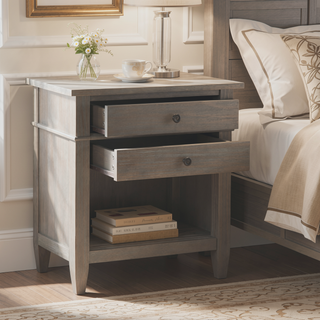 Sunvega Distressed Grey Solid Wood Bedside Table with Two Spacious Drawers