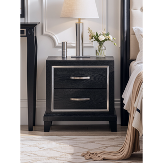 Sunvega Modern Black Nightstand with Two Drawers and Built-In AC USB Outlets