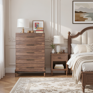 Sunvega Walnut Finish Five Drawer Chest with Antique Bronze Hardware and Metal X Base