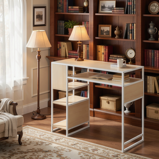 Sunvega Display Farmhouse Bar Height Table with Storage Space in White Metal and Natural Wood