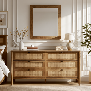 Sunvega Warm Light Walnut Finish Wood Dresser with Rattan Accents and Mirror