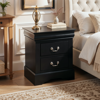 Sunvega Sleek Black Nightstand with Two Spacious Drawers and Nickel Handles