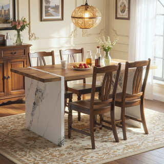 Sunvega Modern MDF Dining Table with Wood Textured Desktop and White Marble Legs