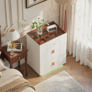 Sunvega Modern Nightstand with LED Light 3 Drawers Glass Top Jewelry Storage