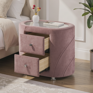 Sunvega Pink Velvet Upholstered Nightstand with Two Drawers and Chrome Metal Legs