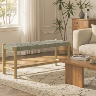 Sunvega Acacia Wood Bench with Woven Rope Seat for Outdoor and Indoor