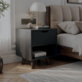 Sunvega Modern Nightstand with Open Shelf and Drawer on Wooden Legs for Bedroom