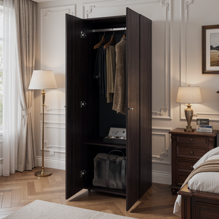 Sunvega Wenge 2-Door Tall Wardrobe Cabinet with Hanging Rod for Bedroom