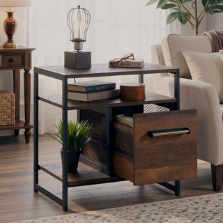 Sunvega Warm Oak Finish Side Table with Drawer and Open Shelf for Multiple Rooms