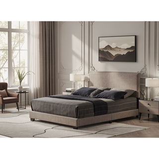 Sunvega Fully Upholstered Fabric Queen Bed with Nailhead Trim Accent and Wood Leg