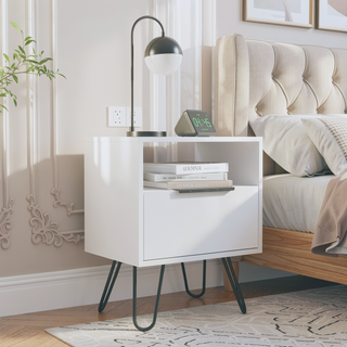 Sunvega Single Door Cabinet Nightstand with Hairpin Legs and Two Shelves