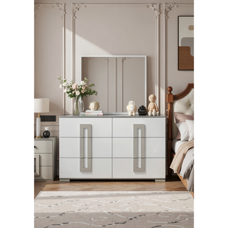 Sunvega Modern White Dresser with Metallic Accents and Six Spacious Drawers
