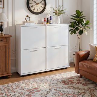 Sunvega Four-Door Shoe Cabinet with Multiple Shelves for Organized Storage White