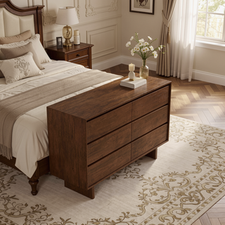 Sunvega Mid Century Modern Walnut Brown Dresser With Six Spacious Drawers