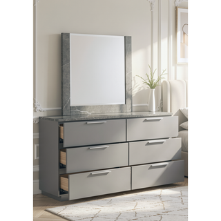 Sunvega White Lacquer Dresser with Six Smooth-Glide Drawers and Marble Accents