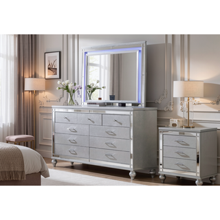 Sunvega Silver Mirror Framed 6-Drawer Dresser with Diamond Accent Handles