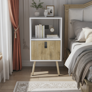 Sunvega White Macadamia Nightstand with Storage Drawer and Open Shelf