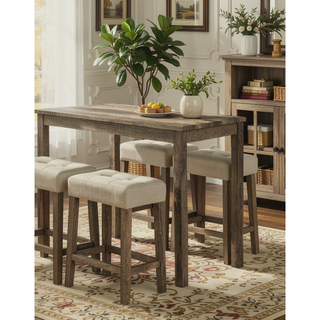 Sunvega Transitional Brown Rubberwood Dining Table with 2 Tufted Seat Stools