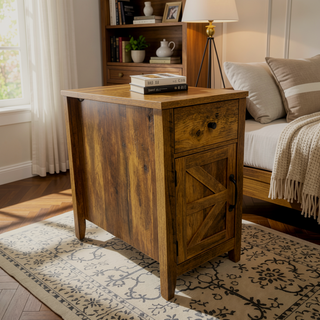 Sunvega Farmhouse End Table with Charging Station, Barn Door, and Drawer for Bedroom