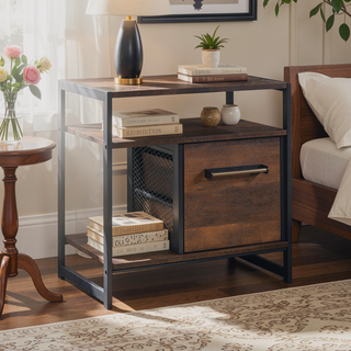 Sunvega Warm Oak Finish Side Table with Drawer and Open Shelf for Multiple Rooms
