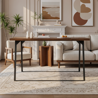 Sunvega 54-inch Square Walnut Veneer Dining Table with Iron Legs for 8