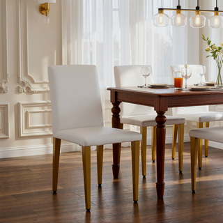 Sunvega Set of 4 White PU Leather Dining Chairs with Golden Metal Legs and Ergonomic Backrest