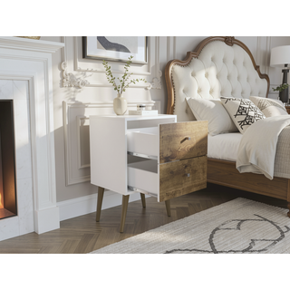 Sunvega Modern White and Brown Nightstand with 2 Drawers for Bedroom
