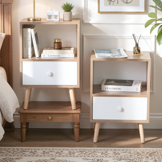Sunvega Mid-Century Modern Wood Nightstand Set with Drawer and Shelf for Bedroom