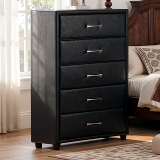 Sunvega Black Faux Leather Chest with 5 Smooth Gliding Drawers on Tapered Legs