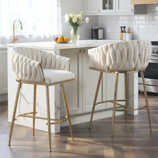 Sunvega Lambswool Fabric Counter Height Bar Stools Set of 2 with Wave Back