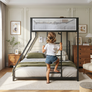 Sunvega Twin Over Full Metal Bunk Bed with Mesh Guard Rail and Stable Ladder