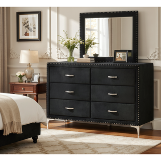 Sunvega Glam Style Black Velvet Upholstered Dresser with Six Drawers and Nailhead Trim