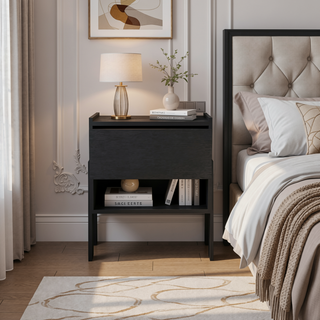Sunvega Nightstand with Open Shelf and Drawer in Light Gray Finish