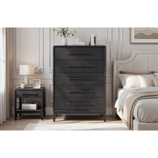 Sunvega Elm Veneer Peppercorn Chest with Five Smooth Drawers and Tapered Legs