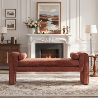 Sunvega Modern Glam Accent Bench with Chenille Upholstery and Bolster Pillows