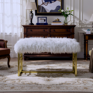 Sunvega White Faux Fur Upholstered Bench with Gleaming Gold Metal Legs