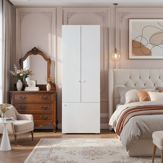 Sunvega White Three-Door Armoire with Three Shelves for Bedroom