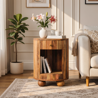 Sunvega Solid Mango Wood Bedside Table with Drawer and Open Shelf