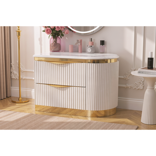 Sunvega White and Gold Lacquered 2-Drawer Nightstand with Soft-Closing Drawers