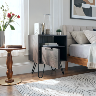 Sunvega Single Door Cabinet Nightstand with Hairpin Legs and Two Shelves