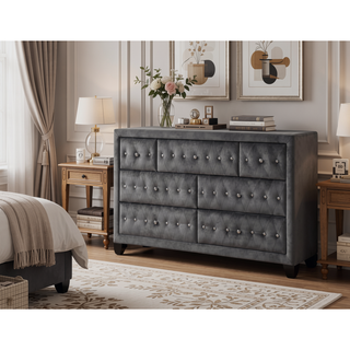 Sunvega Cream Velvet Upholstered Crystal Tufted 7-Drawer Dresser with Wood Frame