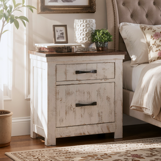 Sunvega Transitional Style Distressed White Plank Design 2-Drawer Nightstand with USB