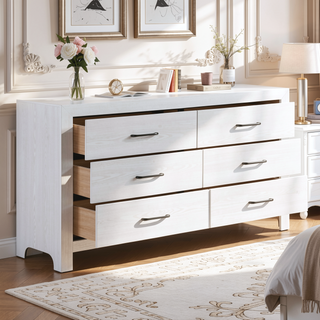 Sunvega 59 Inch Wide Dresser with Six Dovetail Drawers and Black Nickel Handles