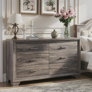 Sunvega Brown Oak Wood Grain Finish Dresser Cabinet with Six Spacious Drawers