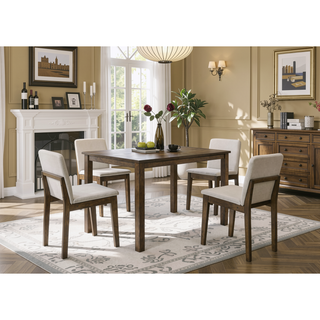 Sunvega Transitional Dark Walnut Finish 5pc Dining Set with Beige Fabric Cushioned Seats