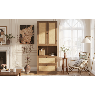 Sunvega Walnut Side Cabinet with Rattan Doors USB Port and 3 Drawers Storage Shelves