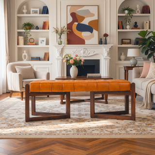 Sunvega Mid-Century Riley Tan Leather Bench with Solid Wood Frame and Tapered Legs