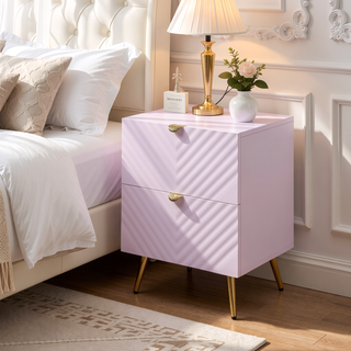 Sunvega Pink High Gloss Wave Pattern Nightstand with Metal Legs and Smooth Drawers