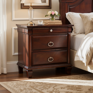 Sunvega Classic Traditional Nightstand in Rich Cappuccino Wood Veneer with Felt Lined Drawers