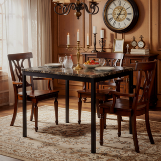 Sunvega Brown Faux Marble Table Top with Black Metal Frame Dining Table